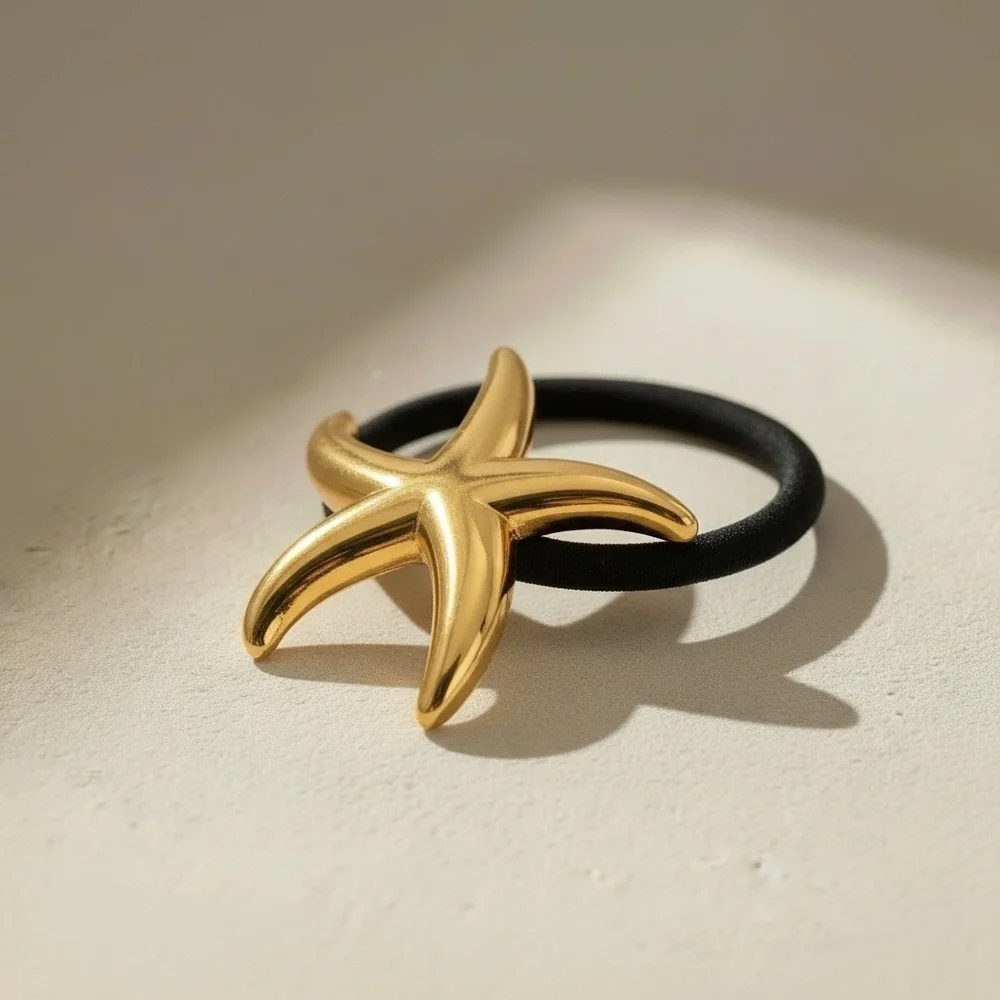 18K Gold Plated Glossy Starfish Ponytail Cuff Sleek Minimalist HairTie Accessory